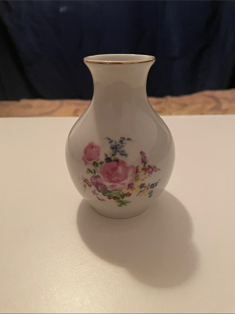 Schmidt by Leart, Porcelain Floral Bud Vase with Pink Rose Motif and Gold Trim